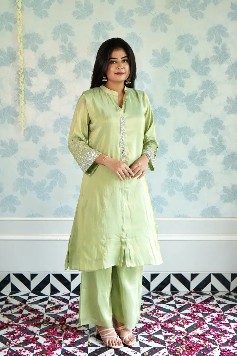 PASTEL ELEGANCE: PISTACHIO GREEN SEQUIN KURTA SET