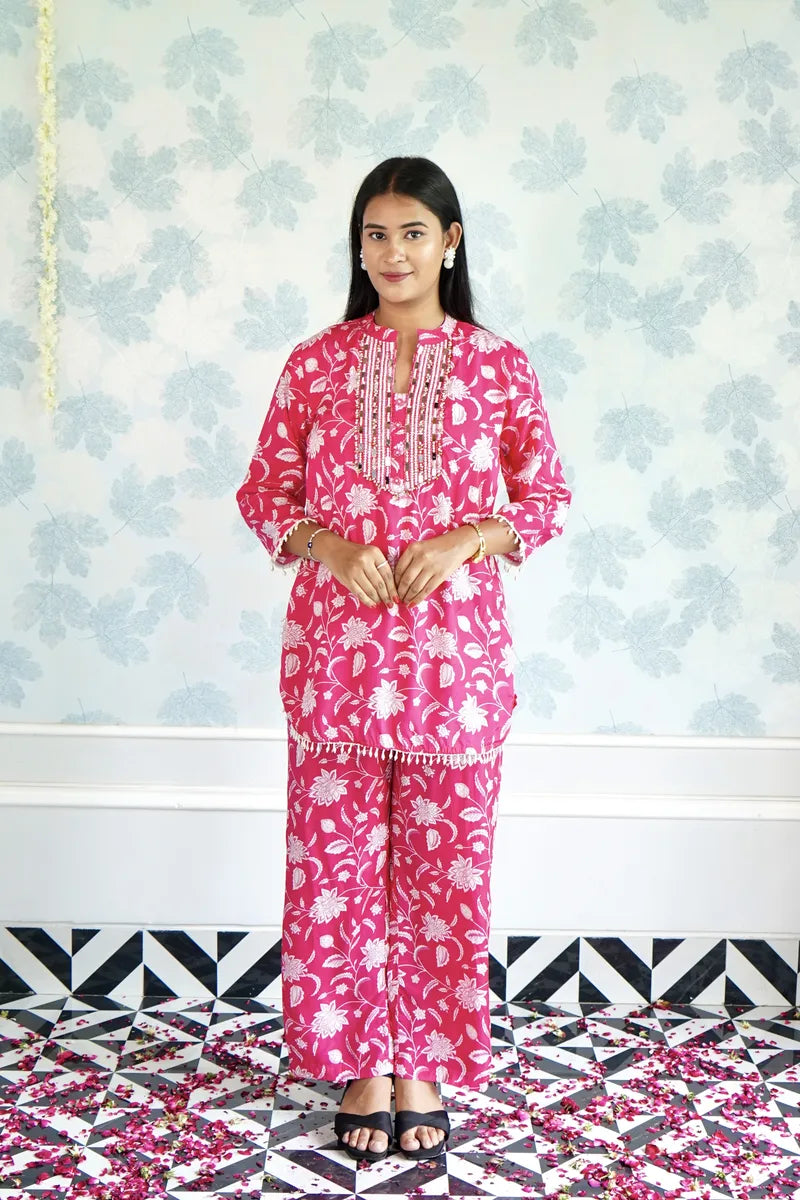 BLUSH BLOOM: PINK FLORAL PRINTED CO-ORD SET