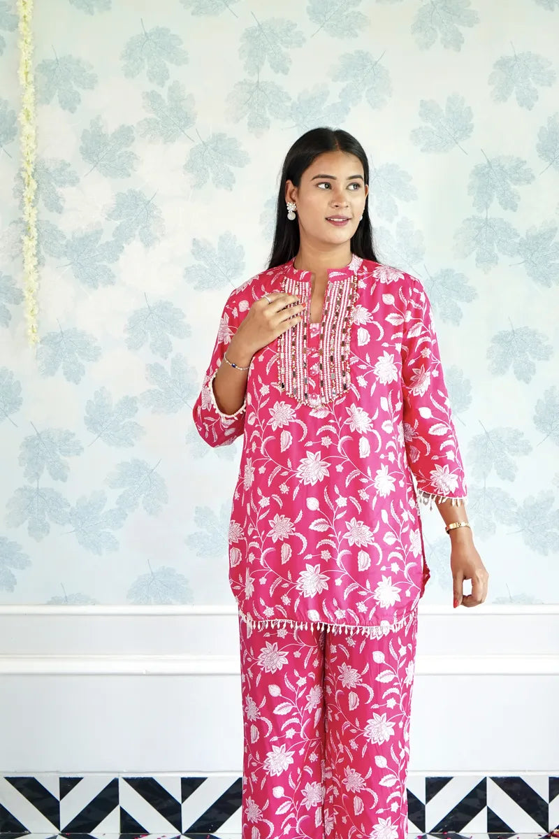 BLUSH BLOOM: PINK FLORAL PRINTED CO-ORD SET