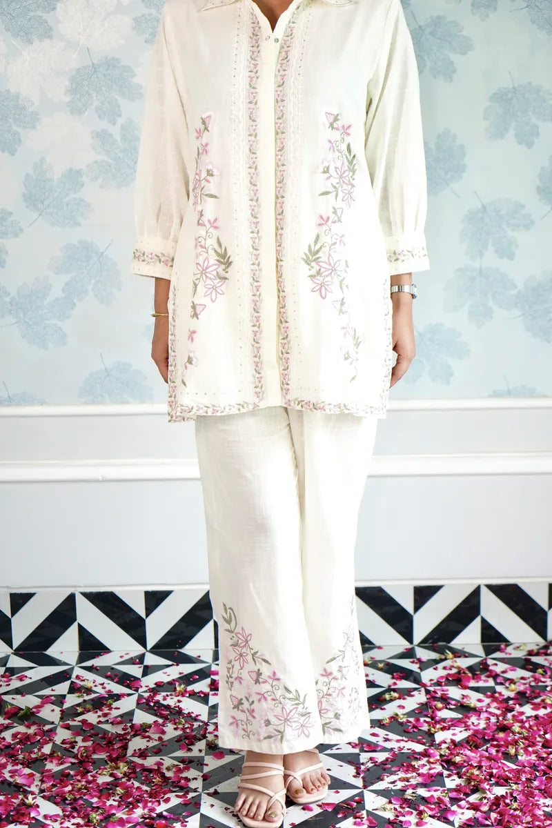 "ELEGANT IVORY: FLORAL EMBROIDERED CO-ORD SET"