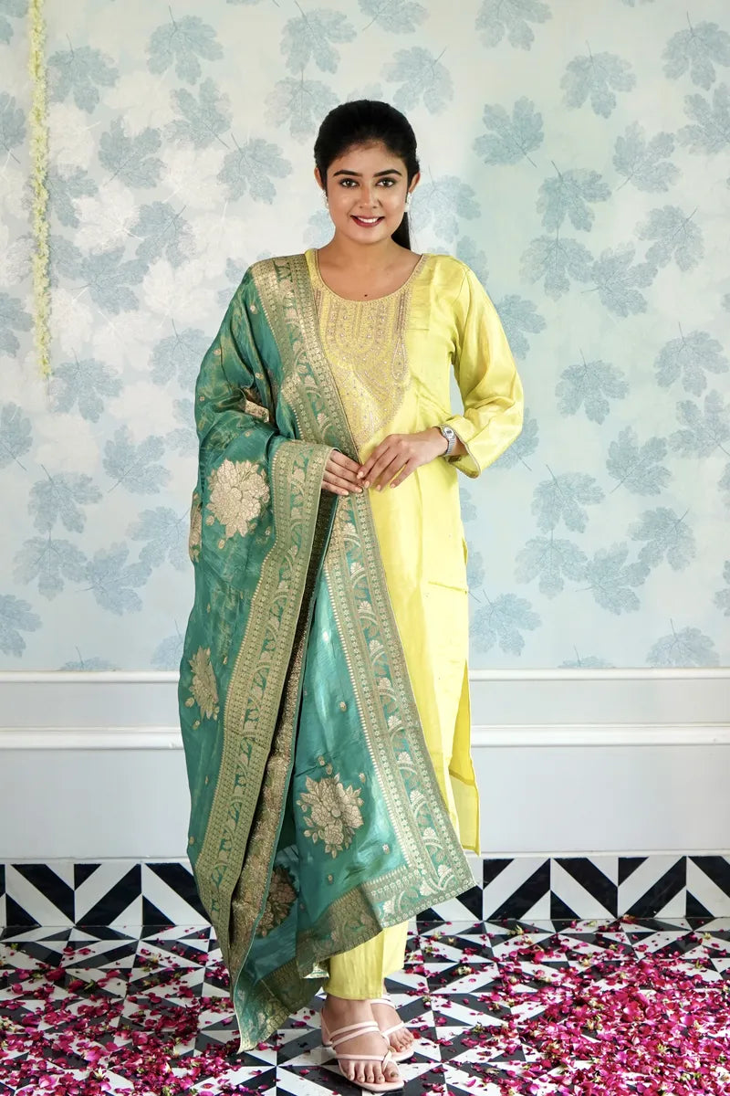 LEMON GLOW SUIT WITH CONTRASTING BANARASI DUPATTA