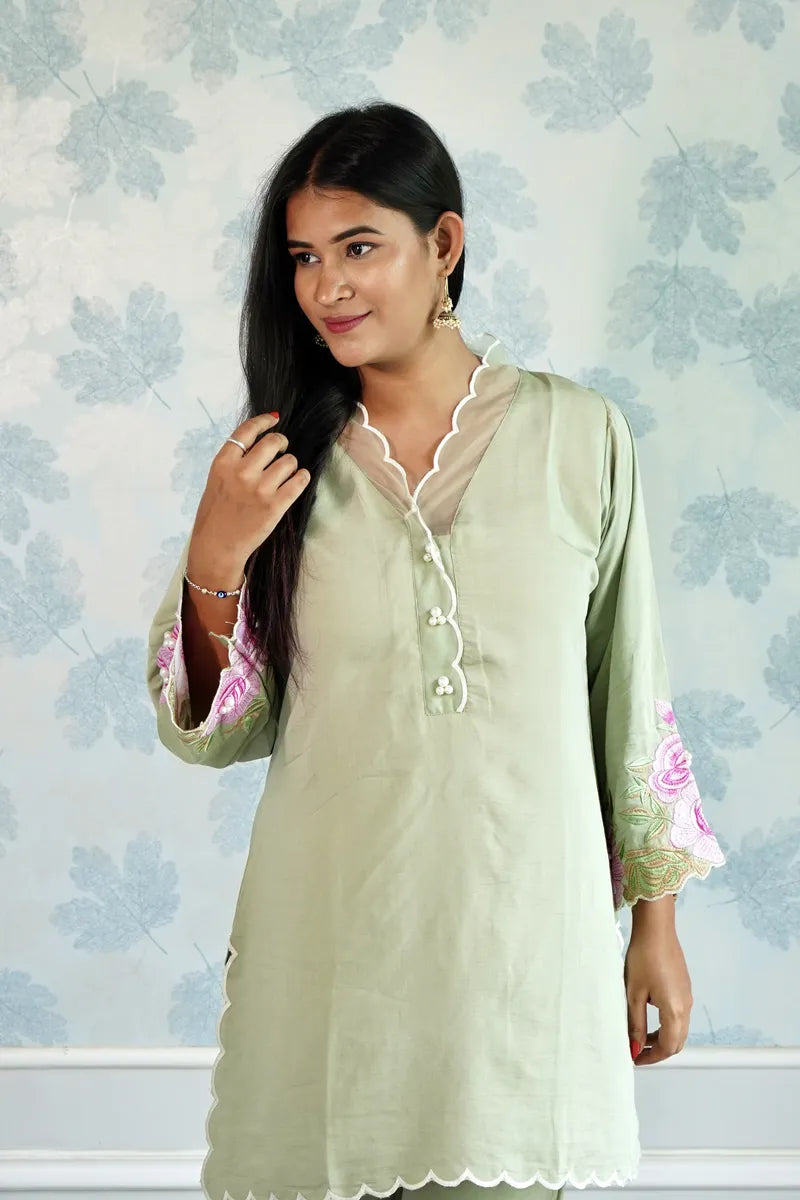 ROSE WHISPER – SAGE GREEN CO-ORD WITH EMBROIDERED SLEEVES