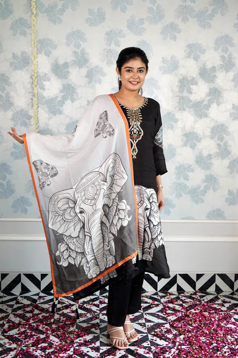 ROYAL GRACE – BLACK ENSEMBLE WITH MAJESTIC ELEPHANT ART DUPATTA