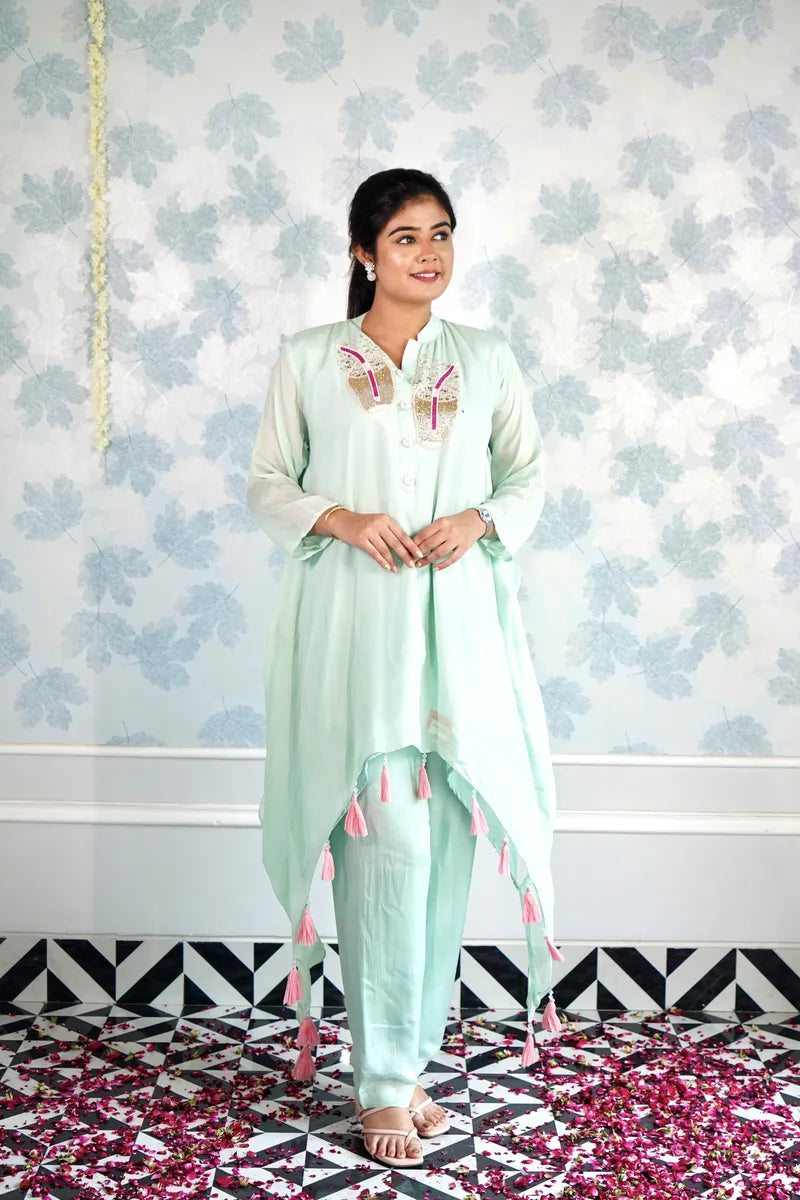SEAFOAM SERENITY – ELEGANT CORD SET WITH PINK TASSELS