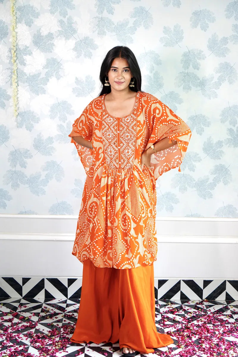 "SUNSET GLOW: BOHO PRINT ORANGE KAFTAN SET"