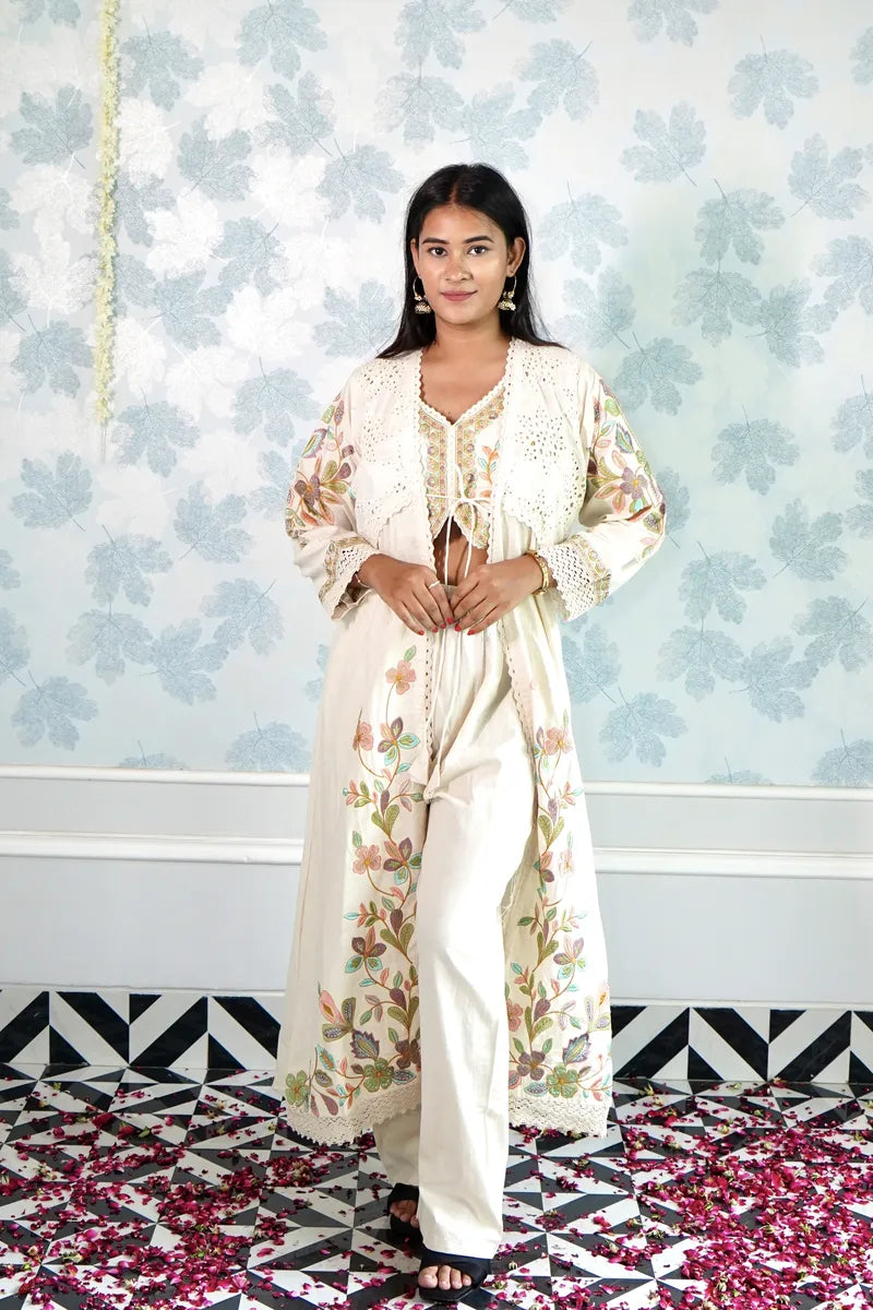 BOHO ELEGANCE: IVORY EMBROIDERED THREE-PIECE SET"