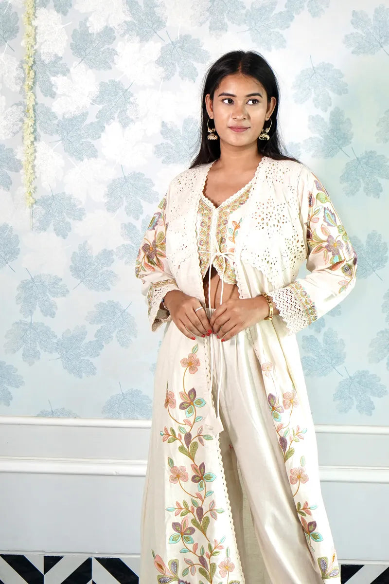 BOHO ELEGANCE: IVORY EMBROIDERED THREE-PIECE SET"
