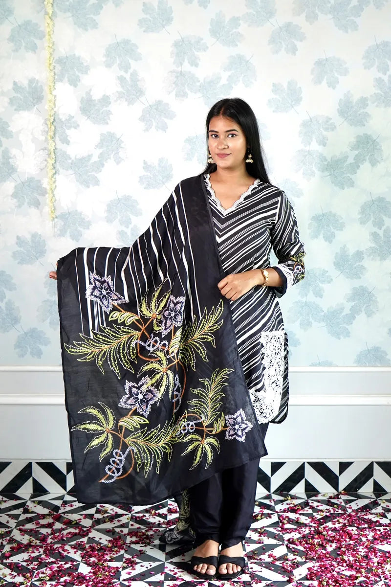 MIDNIGHT BLOOM – BLACK & WHITE STRIPED SUIT WITH FLORAL EMBROIDERED DUPATTA"