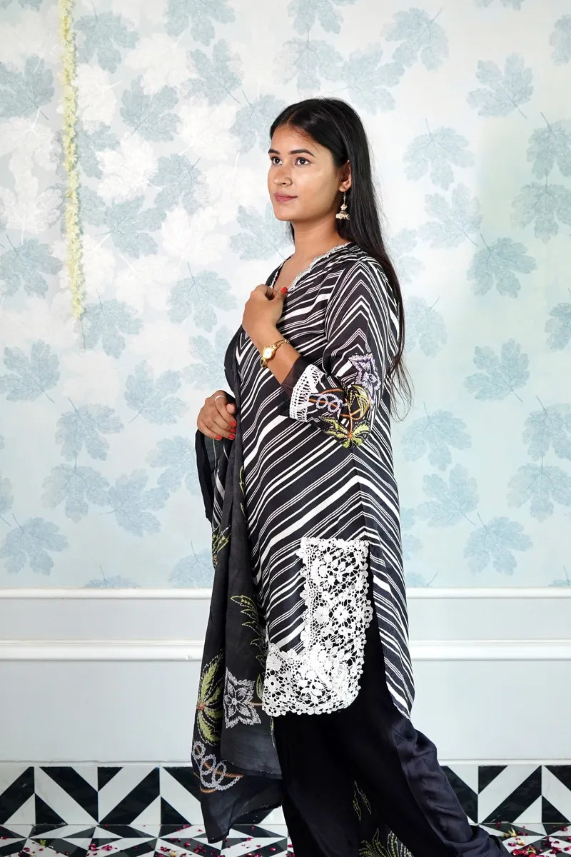 MIDNIGHT BLOOM – BLACK & WHITE STRIPED SUIT WITH FLORAL EMBROIDERED DUPATTA"