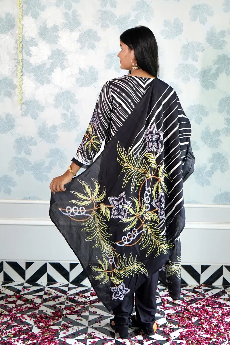 MIDNIGHT BLOOM – BLACK & WHITE STRIPED SUIT WITH FLORAL EMBROIDERED DUPATTA"