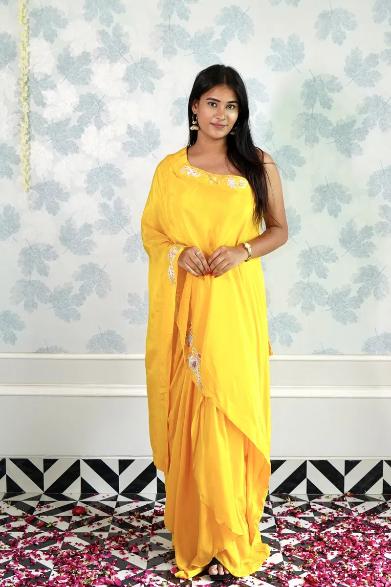 SUNSHINE YELLOW ONE-SHOULDER DRAPE DRESS WITH FLORAL EMBROIDERY