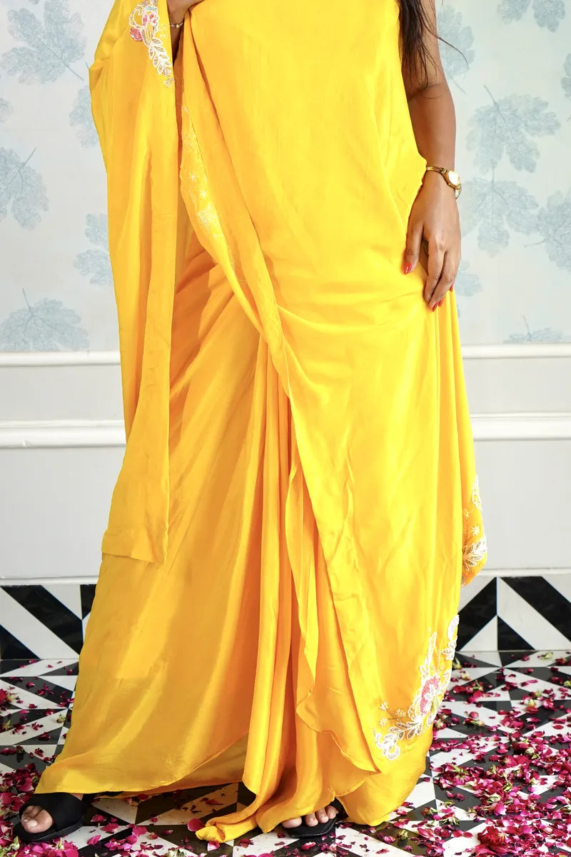 SUNSHINE YELLOW ONE-SHOULDER DRAPE DRESS WITH FLORAL EMBROIDERY