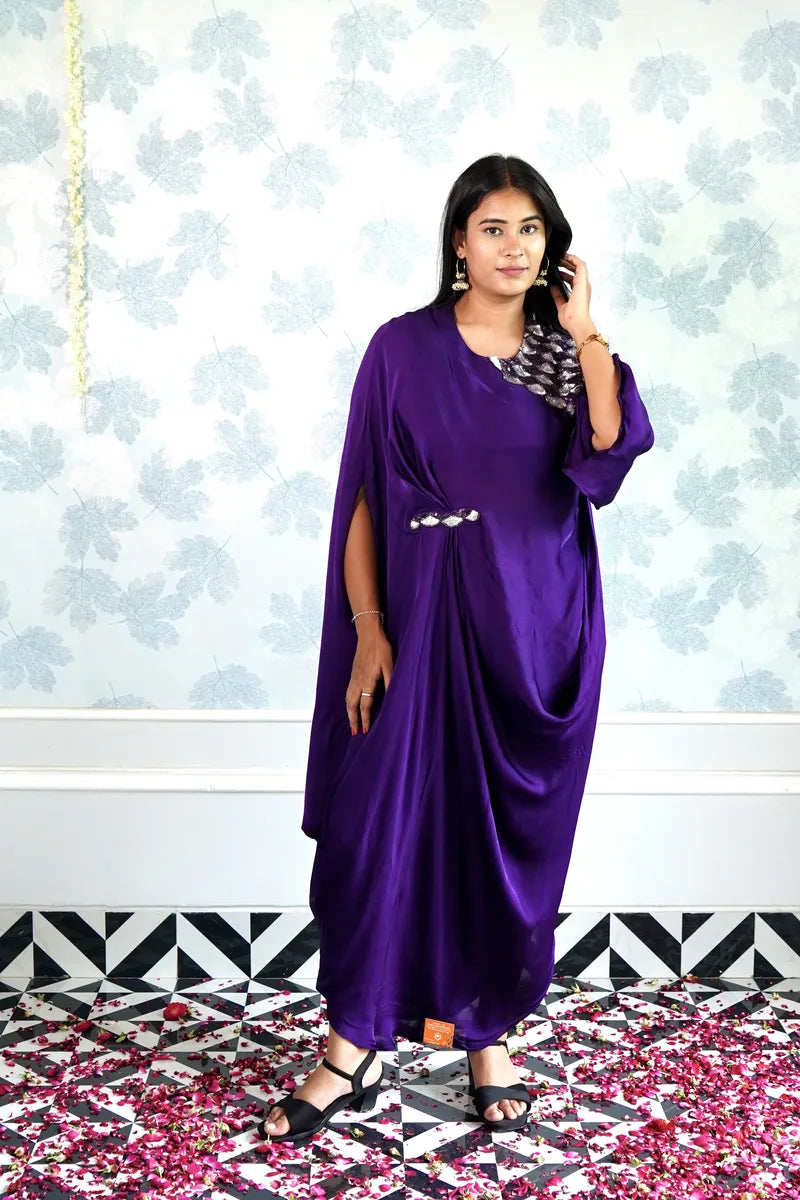 ROYAL PURPLE DRAPED KAFTAN WITH SILVER SEQUIN DETAILING