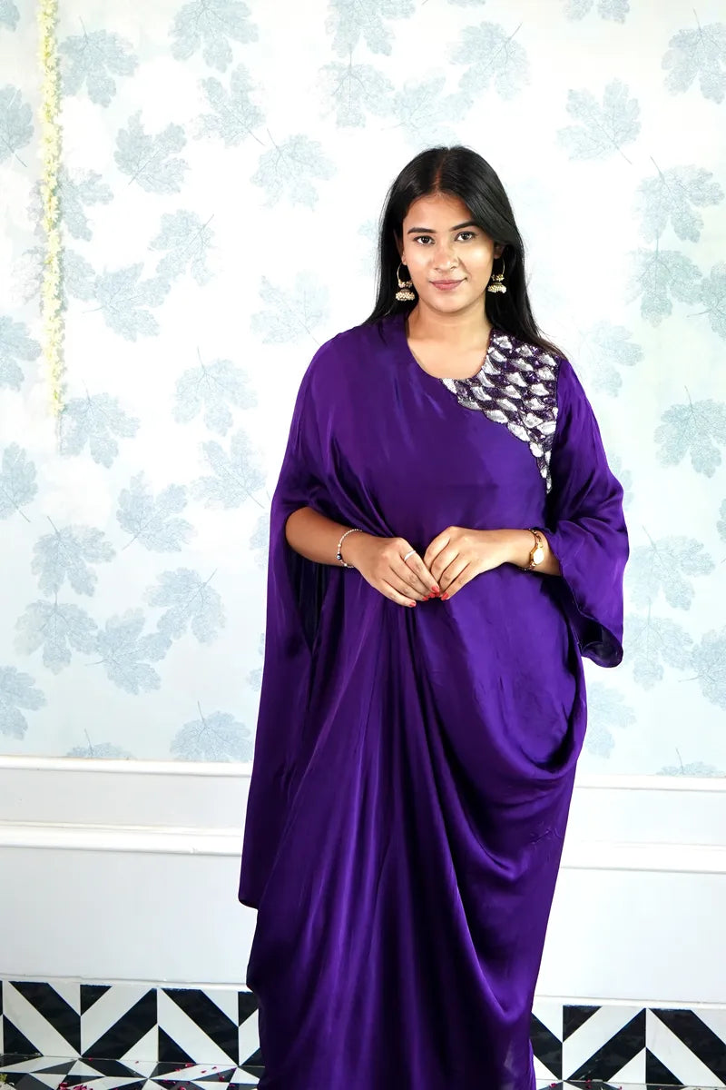 ROYAL PURPLE DRAPED KAFTAN WITH SILVER SEQUIN DETAILING