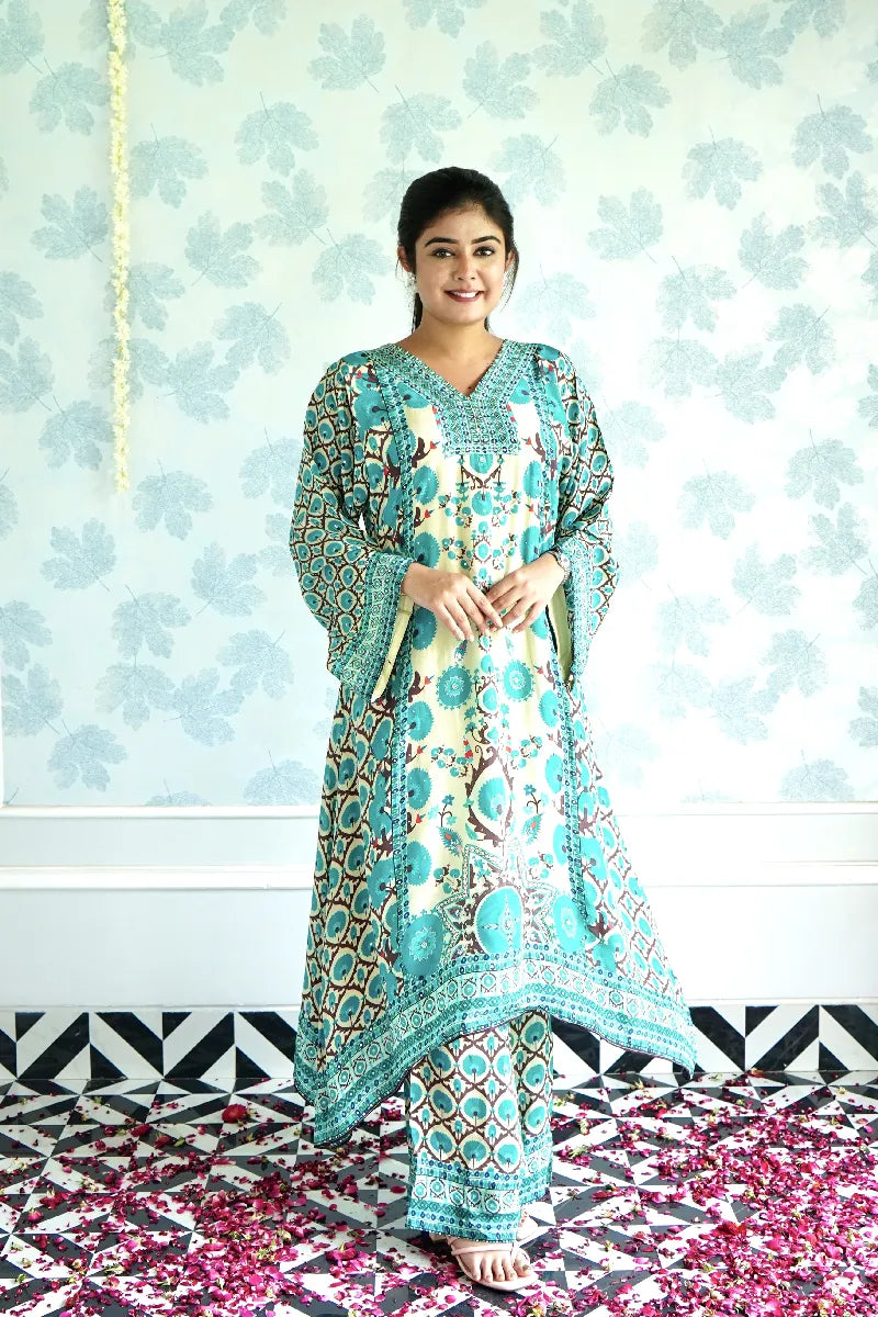 TURQUOISE AND CREAM PRINTED KURTA SET WITH ETHNIC FLORAL MOTIFS & STATEMENT SLEEVES