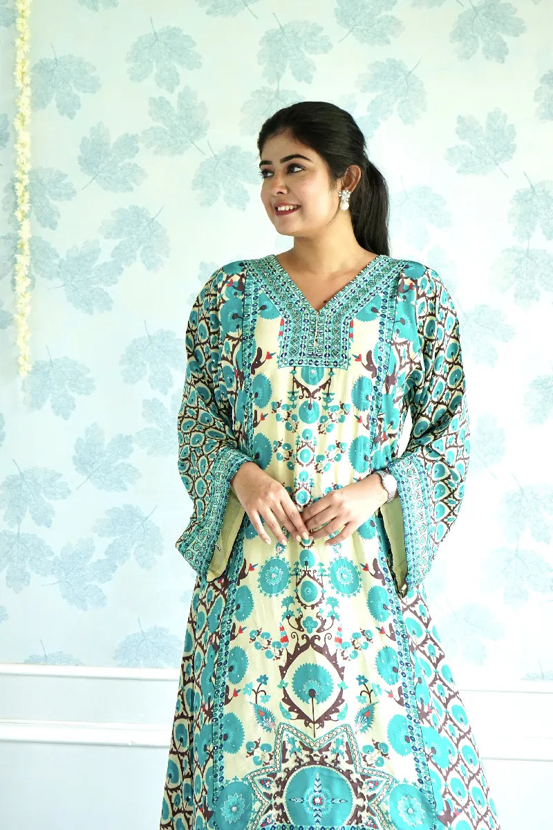 TURQUOISE AND CREAM PRINTED KURTA SET WITH ETHNIC FLORAL MOTIFS & STATEMENT SLEEVES