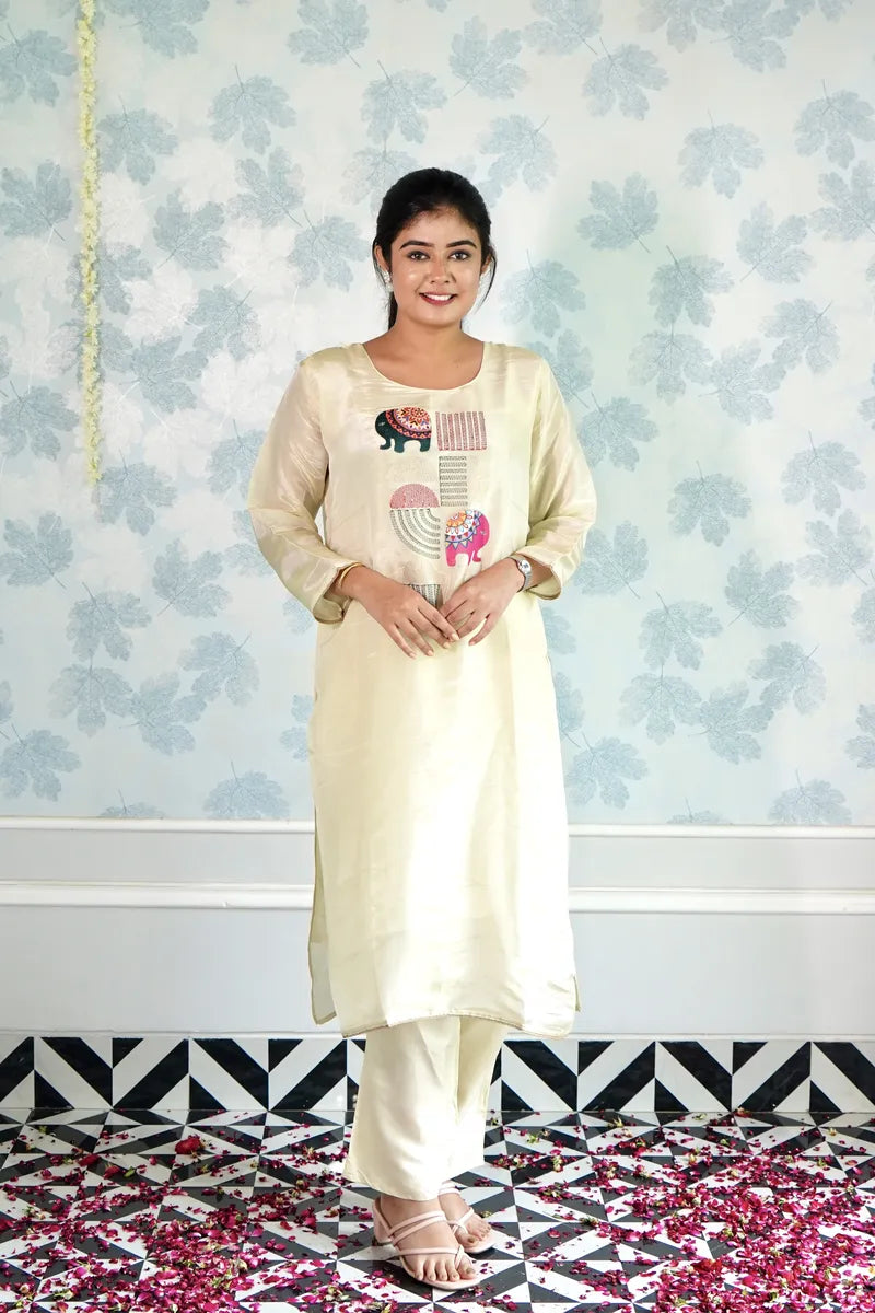IVORY STRAIGHT KURTA SET WITH COLORFUL ELEPHANT & ABSTRACT EMBROIDERY