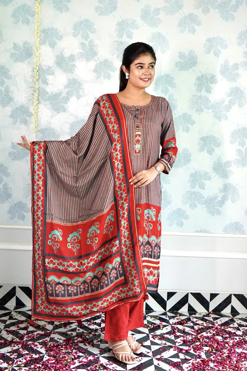 FESTIVE STRIPES & FLORALS SUIT WITH DUPATTA