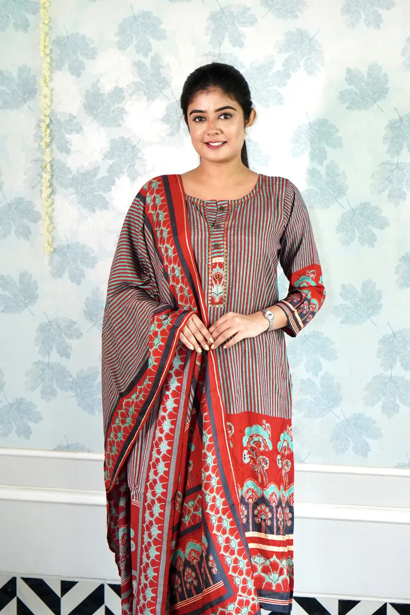 FESTIVE STRIPES & FLORALS SUIT WITH DUPATTA
