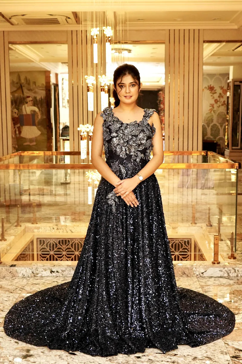 BLACK COCKTAIL NET GOWN WITH PEARL SEQEUNCE WORK
