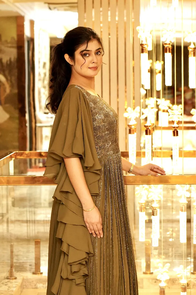 CLASSIC LUXE EVENING OLIVE COLOR GOWN