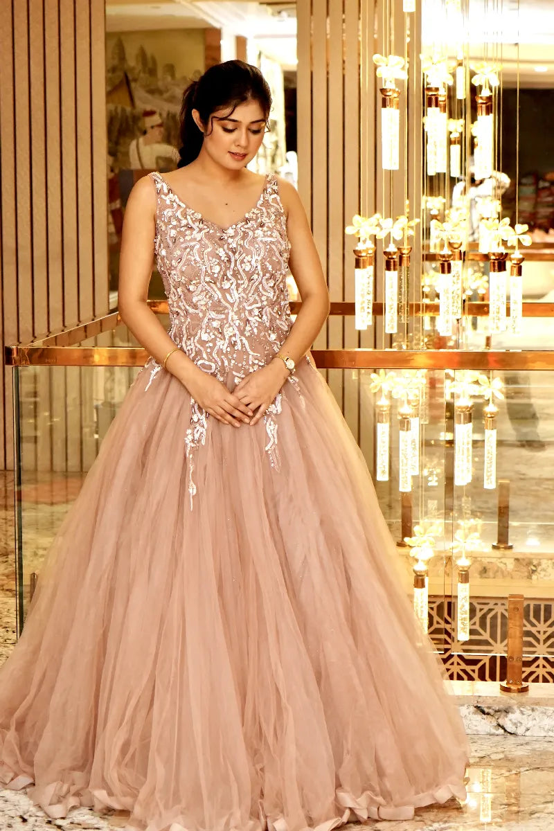 GLEAM & GRACE BRIDAL MAUVE PINK COLOUR DESIGNEER GOWN