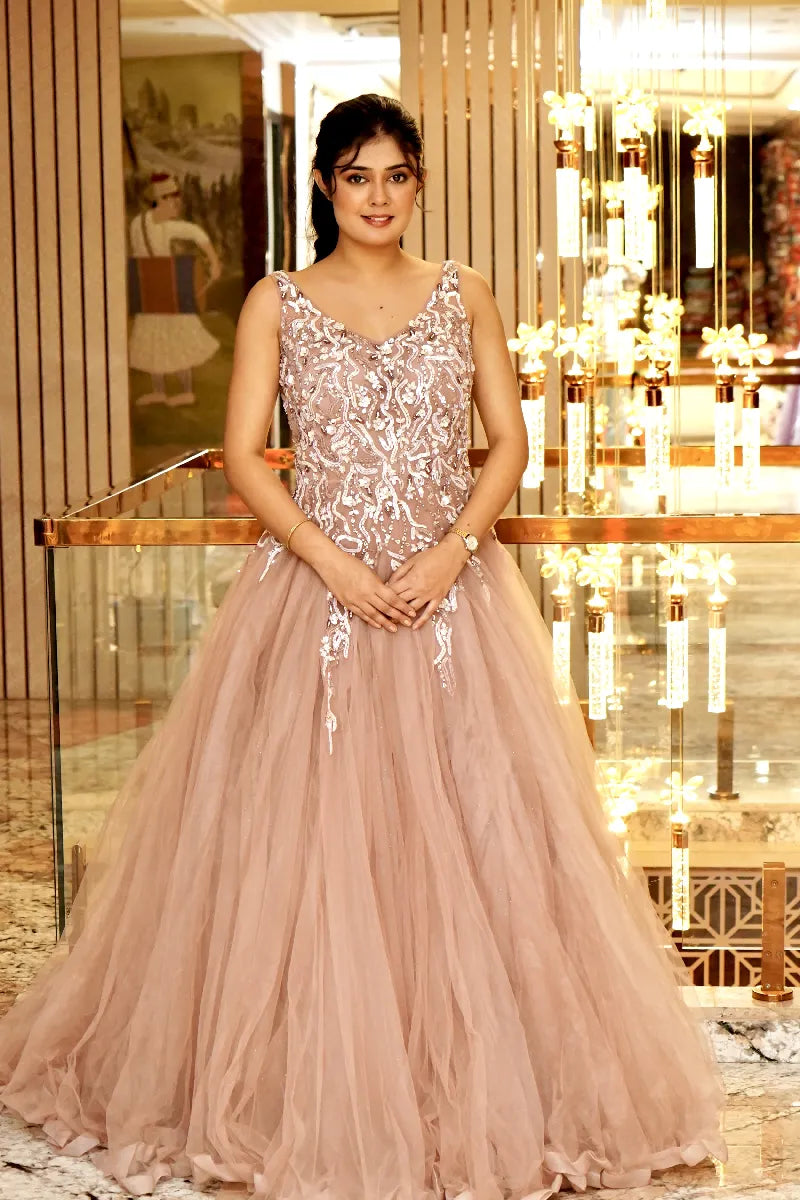 GLEAM & GRACE BRIDAL MAUVE PINK COLOUR DESIGNEER GOWN