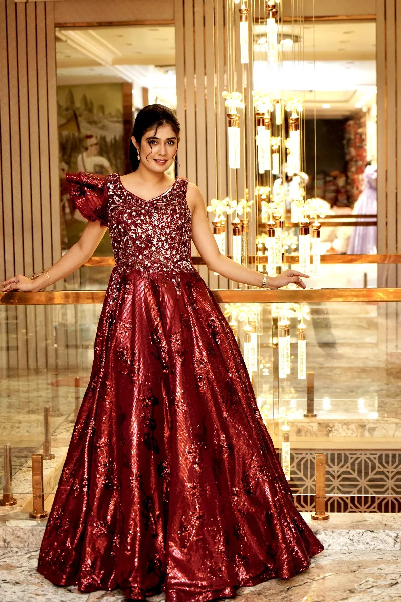 MAROON SEQUINS EMBROIDERED NET COCKTAIL GOWN