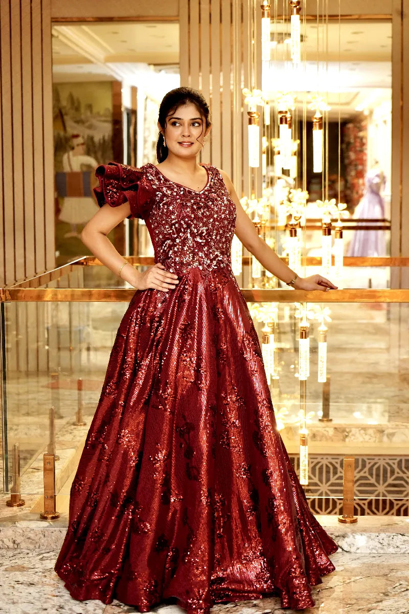 MAROON SEQUINS EMBROIDERED NET COCKTAIL GOWN