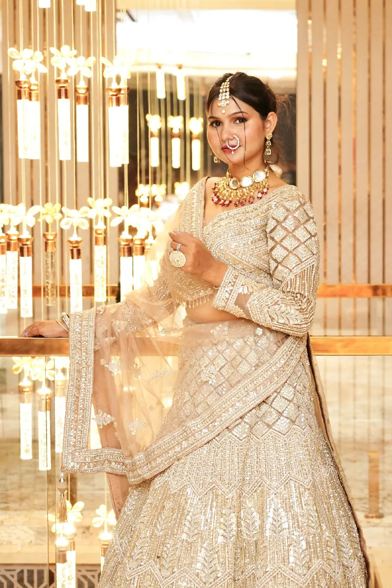BEIGE COLOR THREE PIECES CROP TOP INDO WESTERN
