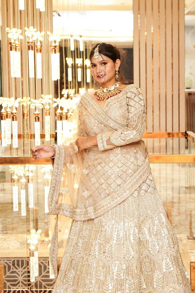 BEIGE COLOR THREE PIECES CROP TOP INDO WESTERN