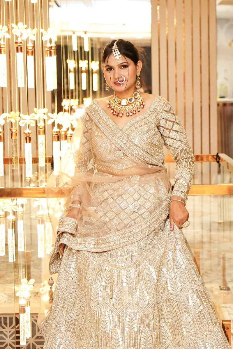 BEIGE COLOR THREE PIECES CROP TOP INDO WESTERN