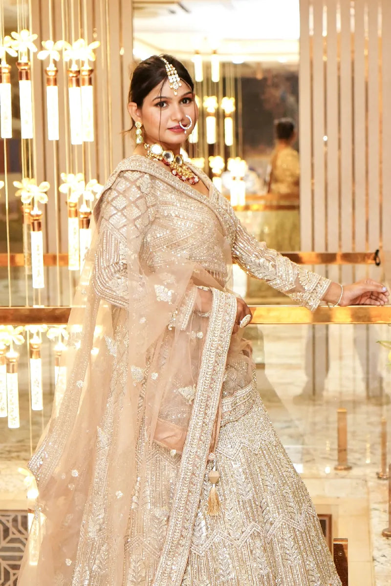 BEIGE COLOR THREE PIECES CROP TOP INDO WESTERN