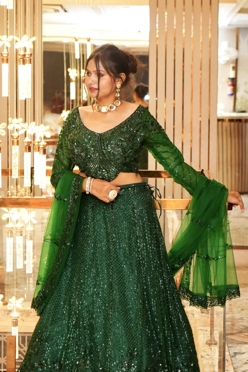 BOTTLE GREEN COLOR THREE PIECES CROP TOP INDO WESTERN