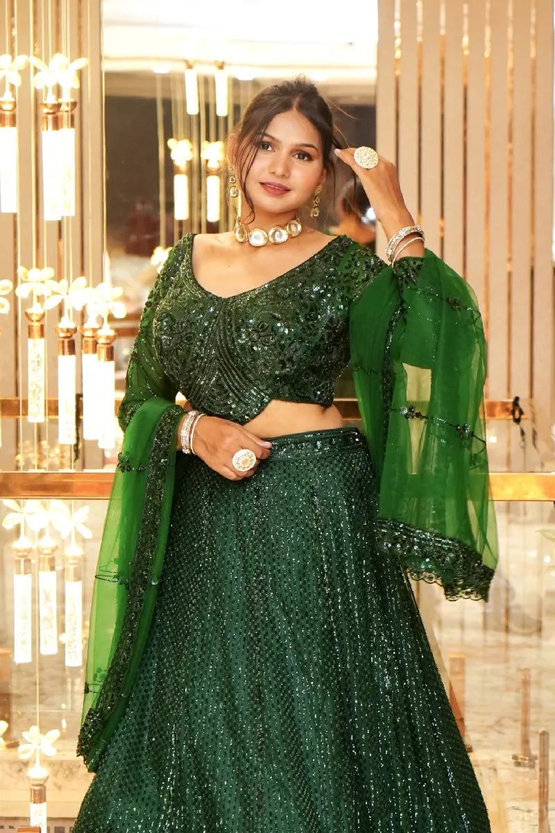BOTTLE GREEN COLOR THREE PIECES CROP TOP INDO WESTERN