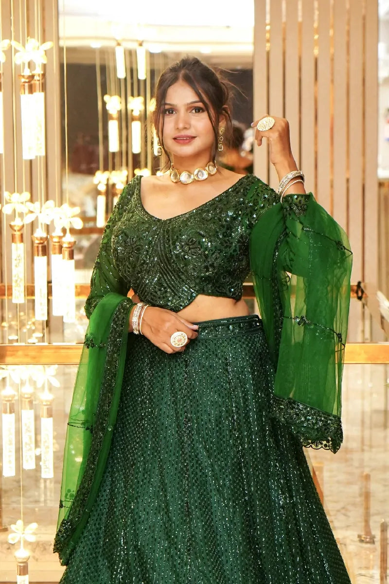 BOTTLE GREEN COLOR THREE PIECES CROP TOP INDO WESTERN