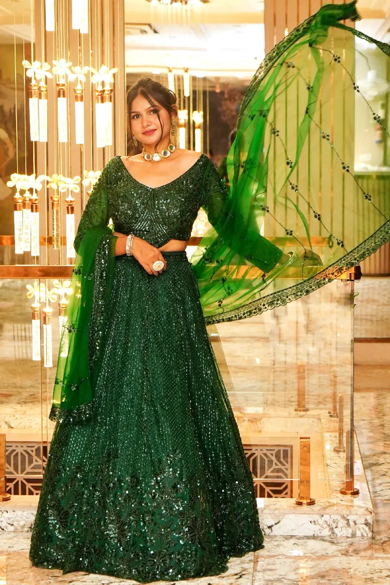 BOTTLE GREEN COLOR THREE PIECES CROP TOP INDO WESTERN