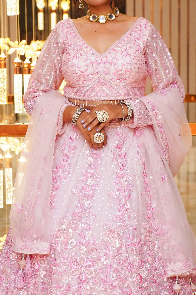 BABY PINK COLOR THREE PIECES CROP TOP INDO WESTERN