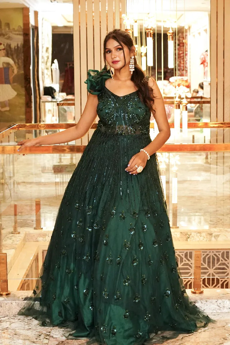 BOTTLE GREEN COLOR TWO PIECES CROP TOP GOWN INDO-WESTERN
