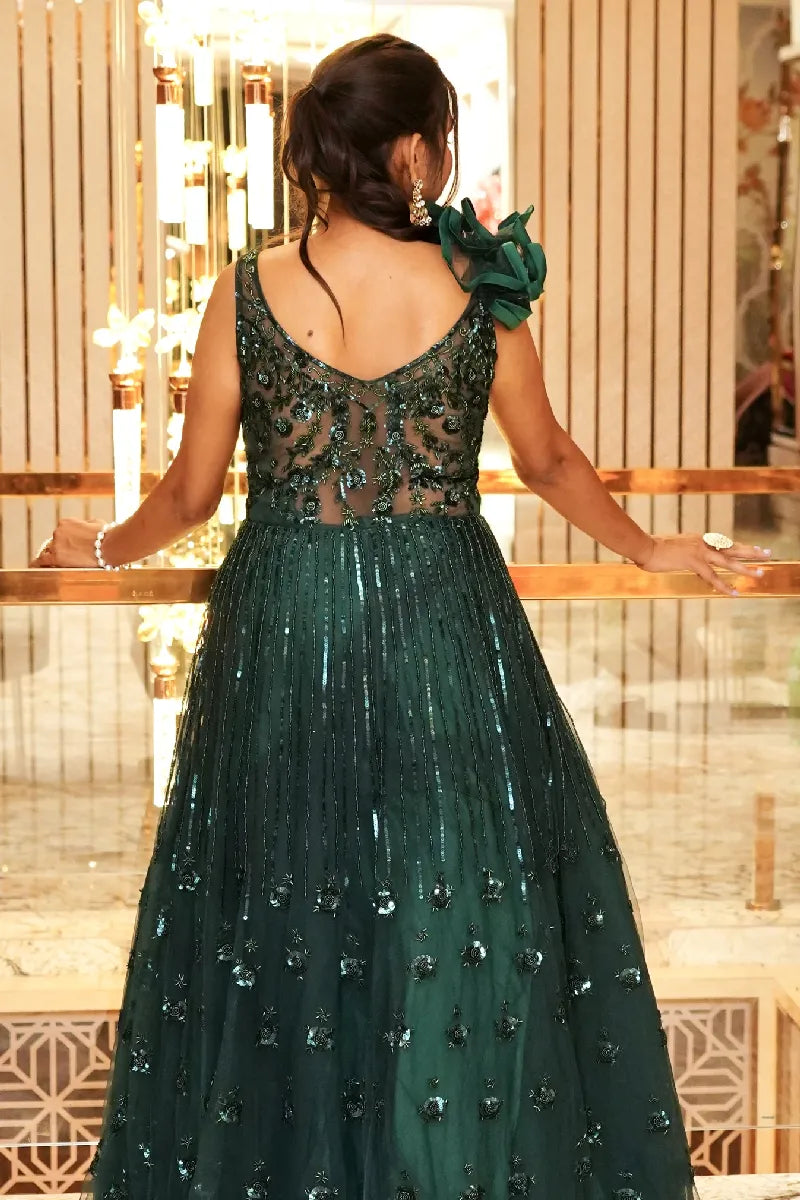 BOTTLE GREEN COLOR TWO PIECES CROP TOP GOWN INDO-WESTERN