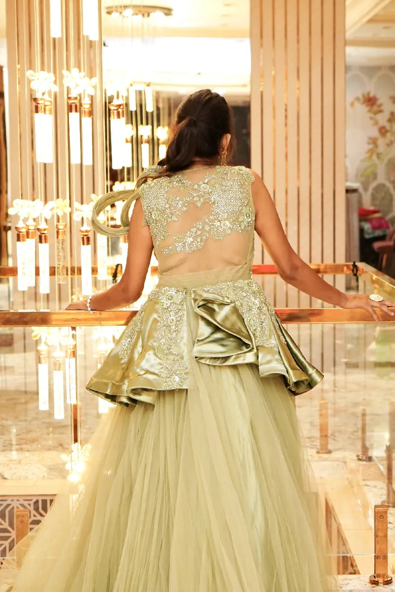 PISTA GREEN COLOR TWO PIECES CROP TOP GOWN INDO-WESTERN
