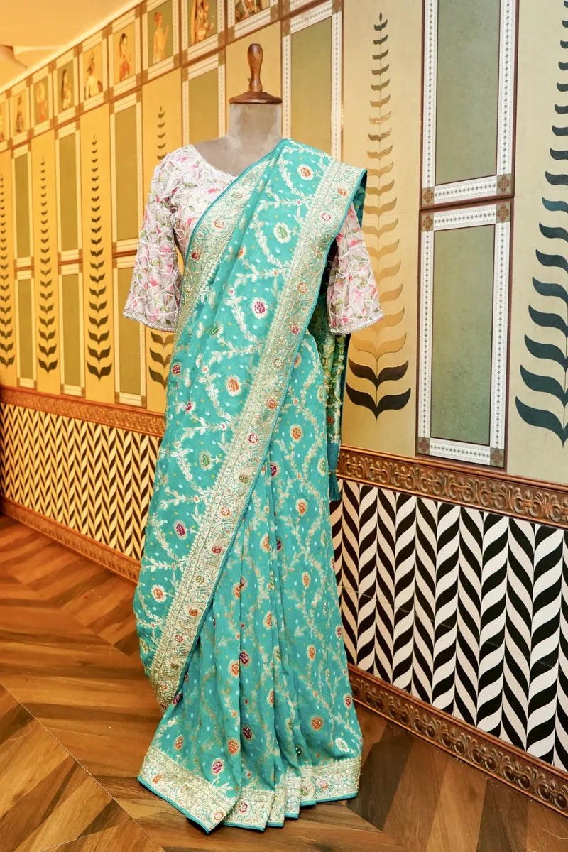BANARASI PURE GEORGETTE FIROZI COLOR FANCY SAREE