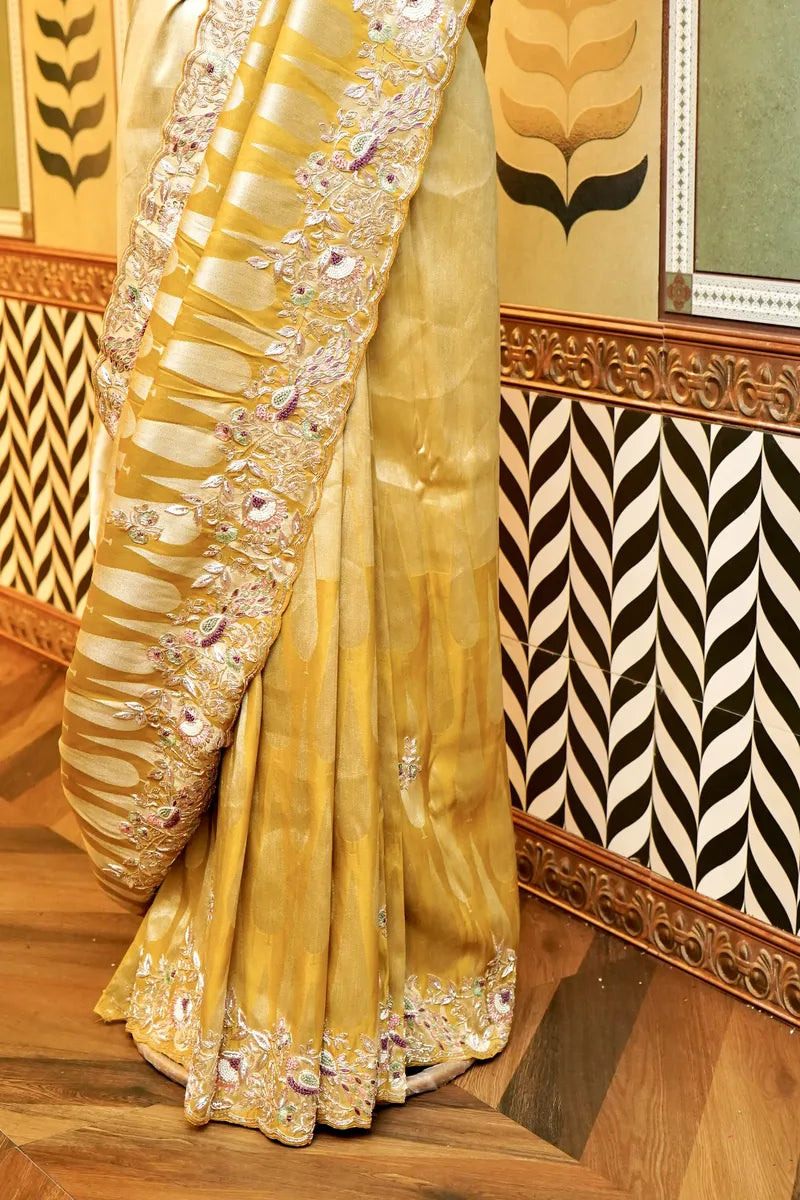 BANARASI RAW SILK MUSTARD YELLOW COLOR FANCY SAREE