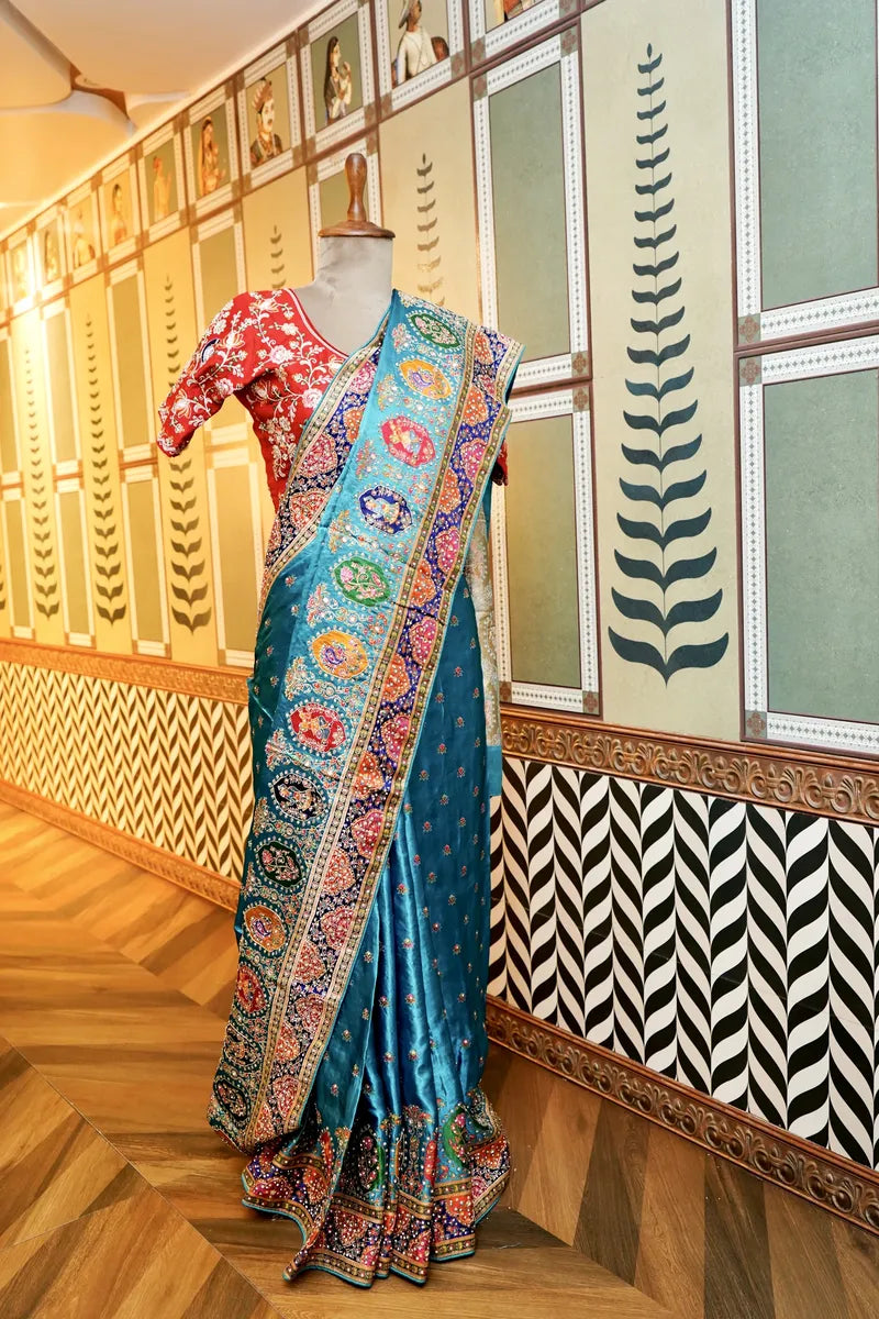 BANARASI PURE CREPE FIROZI COLOR FANCY SAREE