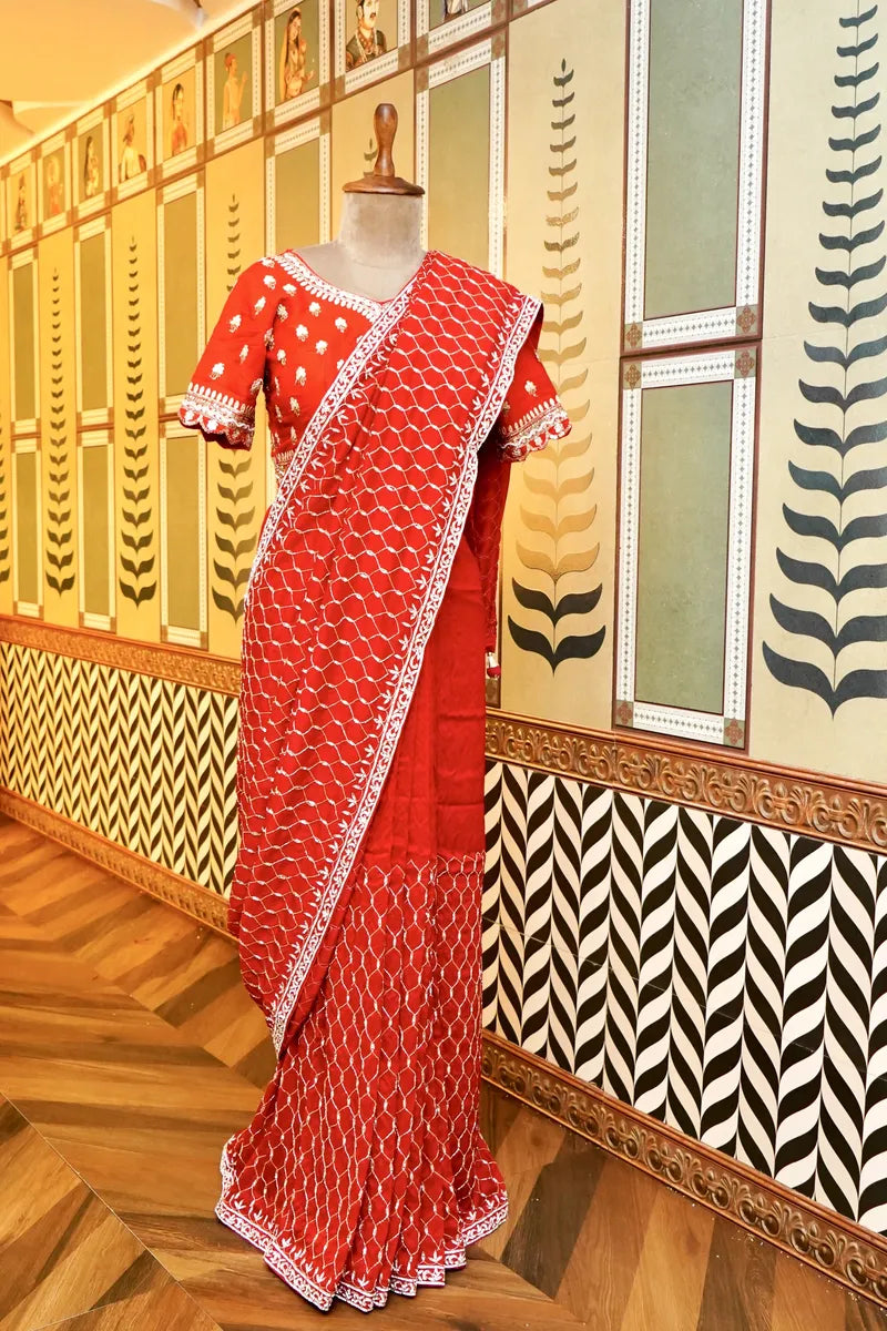 BANARASI PURE CREPE BLOOD RED COLOR FANCY SAREE