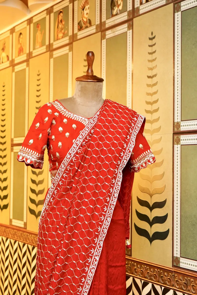 BANARASI PURE CREPE BLOOD RED COLOR FANCY SAREE