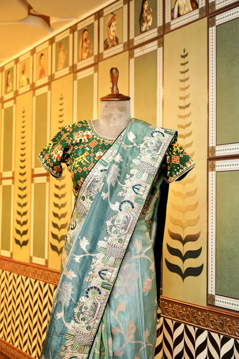 BANARASI KORA SILK SEA GREEN COLOR FANCY SAREE