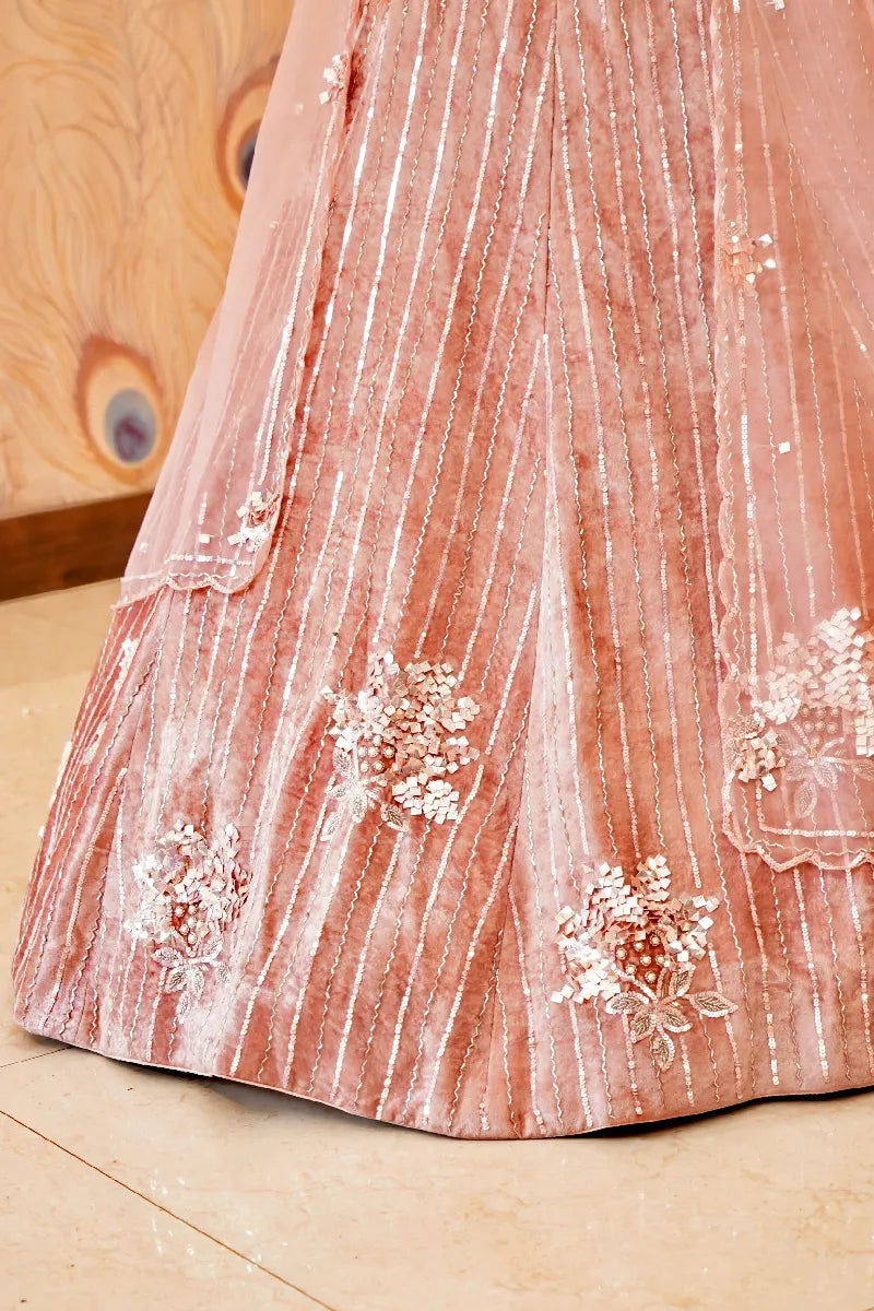 PEACH COLOR SEQUENCE AND PEARL WORK BRIDAL LEHENGA