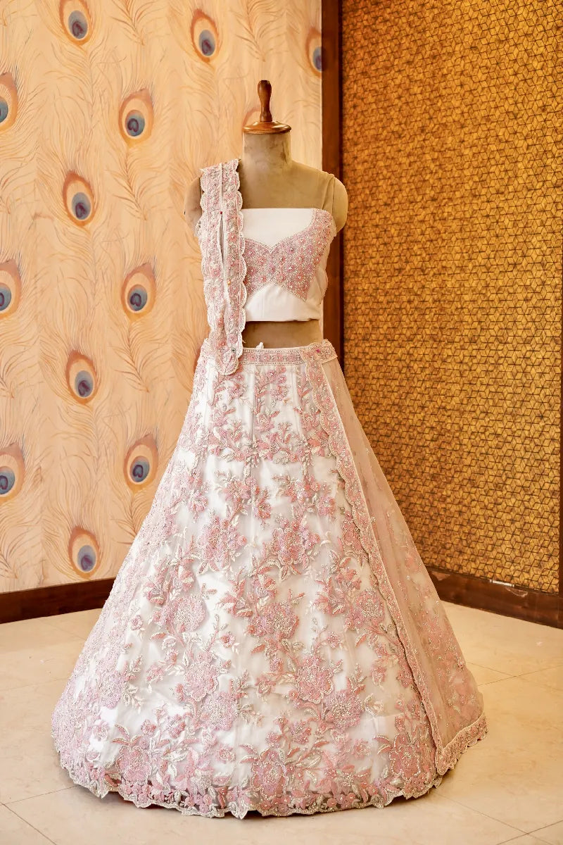 OFF WHITE COLOR RESHAM EMBROIDERY HAND WORK BRIDAL LEHENGA