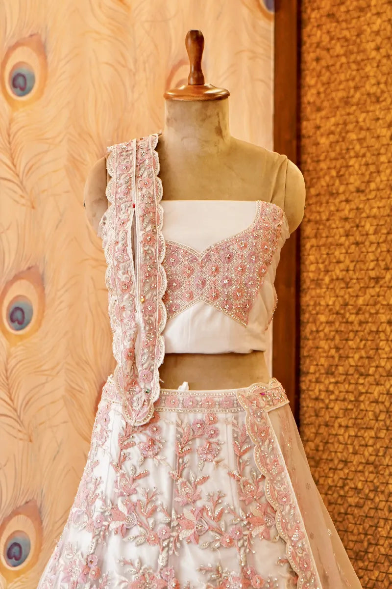 OFF WHITE COLOR RESHAM EMBROIDERY HAND WORK BRIDAL LEHENGA